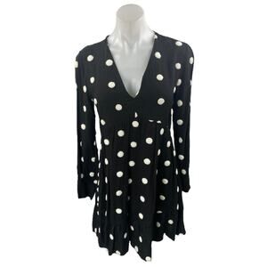 Zara Black Embroidered Polka Dot V-Neck Long Sleeve Mini A-Line Dress Size XS